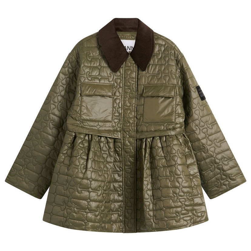 Bunda GANNI Shiny Quilted Midi Jacket with Corduroy Collar and Peplum Hem Zelené | W0965-861