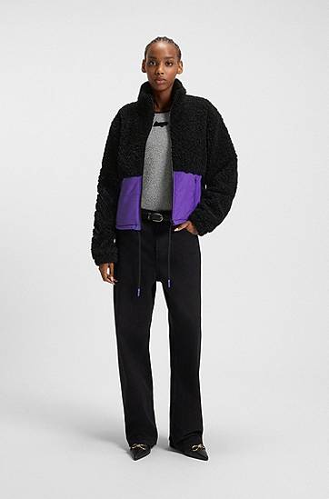 Bunda BOSS Teddy jacket with colour-blocking and embroidered logo Fialová | 50546382, 1