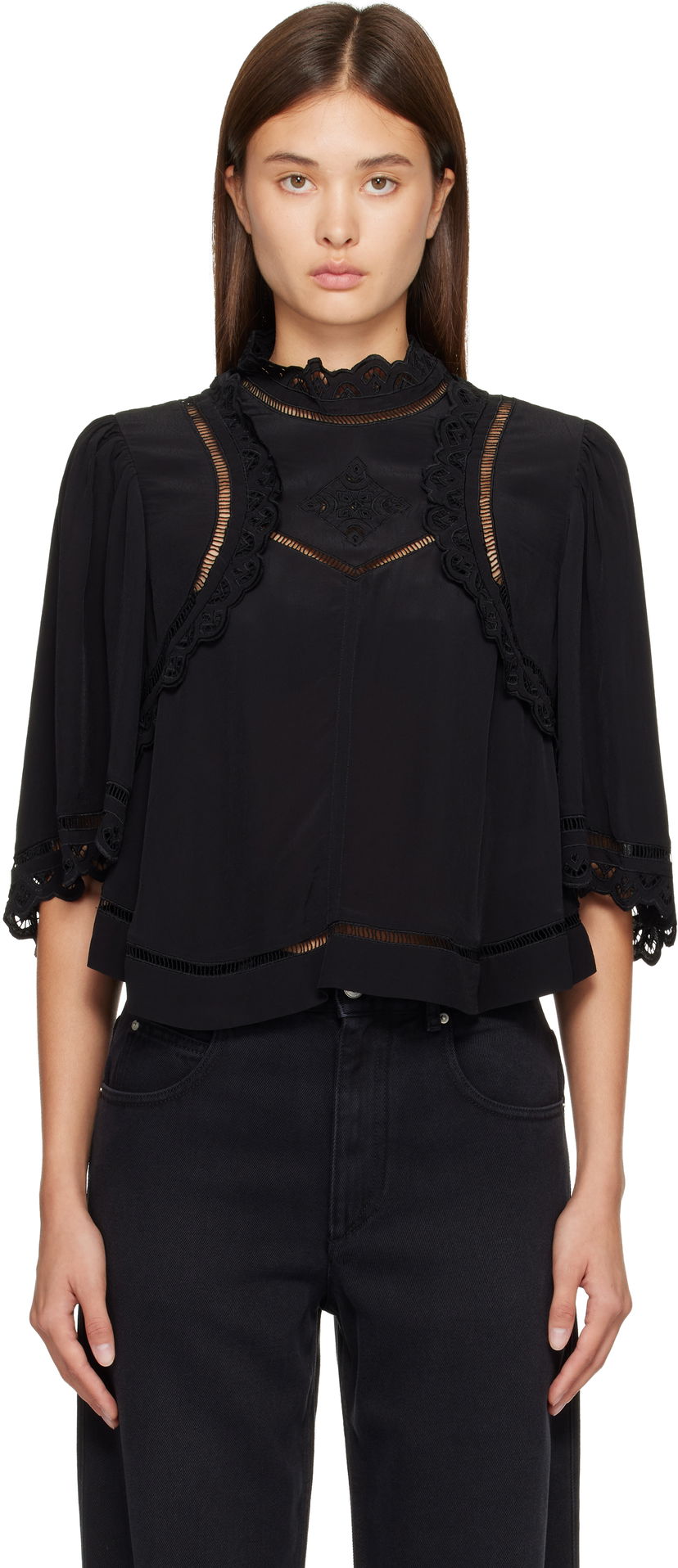 Košeľa ISABEL MARANT Frany high-neck lace cut-out blouse Čierna | HT0662FA-C3J11I