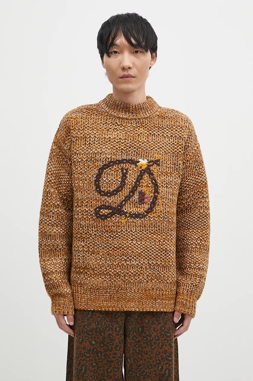 Sveter Drôle de Monsieur Knitted Sweater With Logo Embroidery Hnedá | E.PO154.WO018.BN, 0