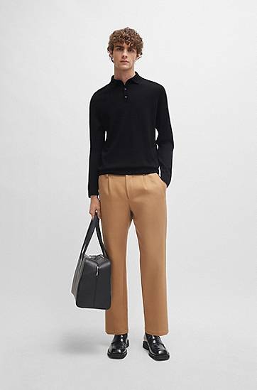 Polo tričko BOSS Long-Sleeved Virgin Wool Polo Sweater Čierna | 50476355, 1