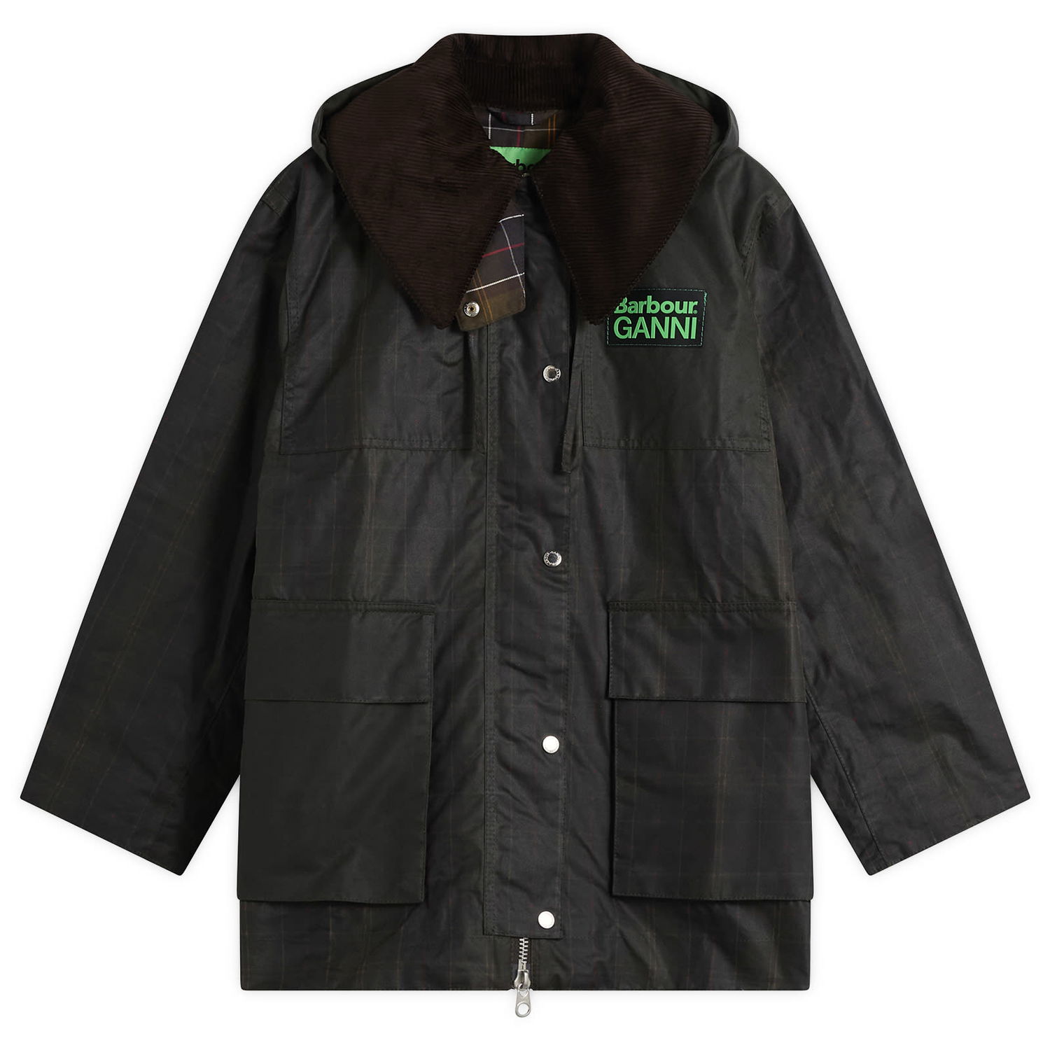 Kabáty Barbour Barbour x GANNI Hooded Wax Coat in Classic Tartan Zelené | LWX1528TN11, 0