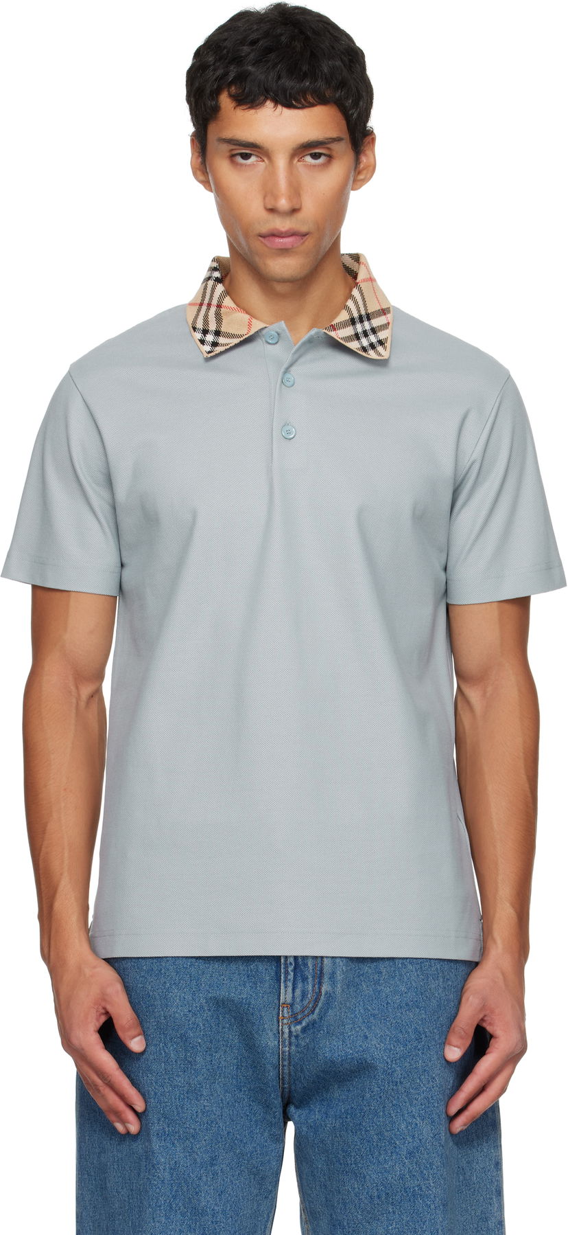 Polo tričko Burberry Burberry Check Collar Cotton Polo Modrá | 8110944