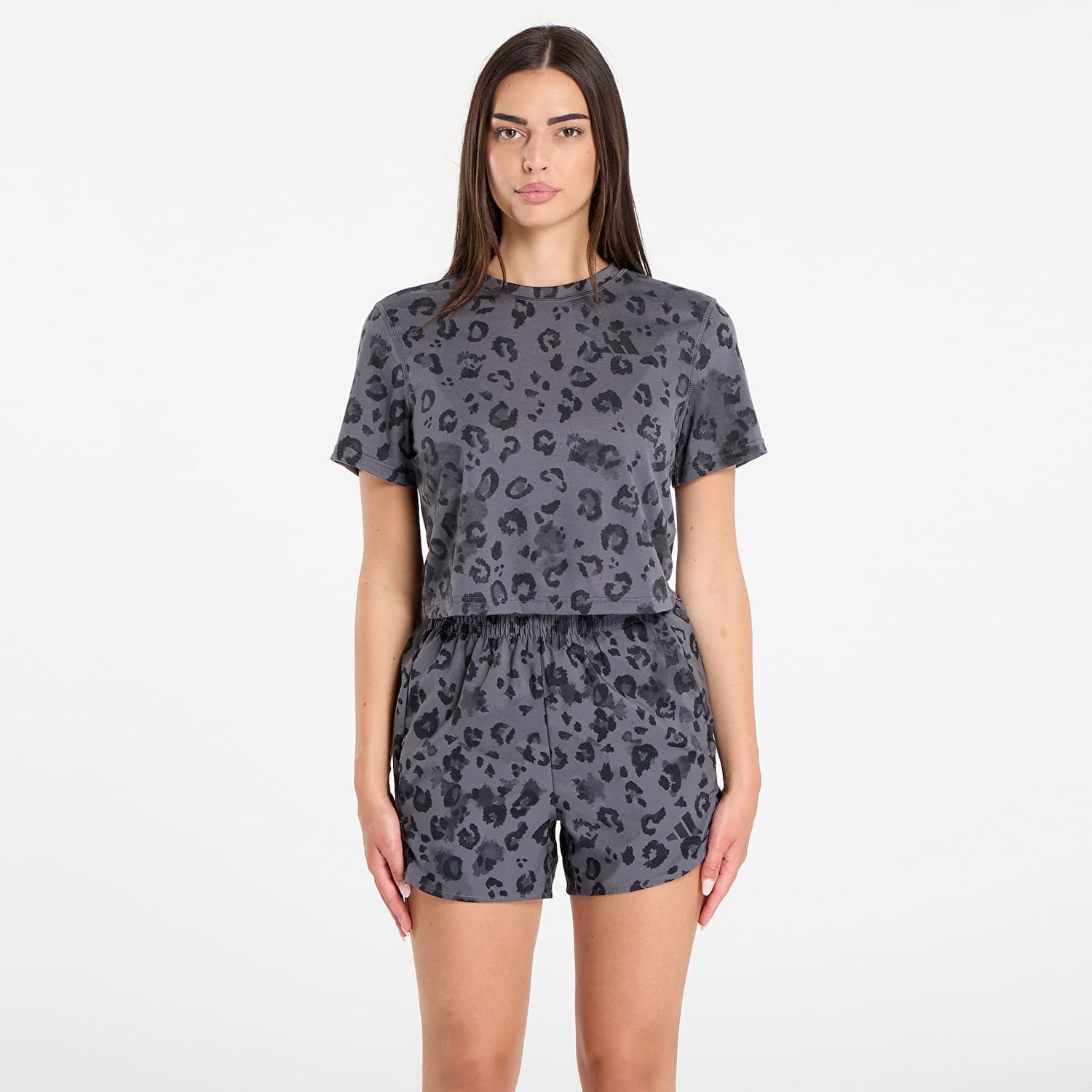 Súprava adidas Performance Adidas Women's Leopard Print Crop Top and Shorts Set Šedá | JN2646, 0
