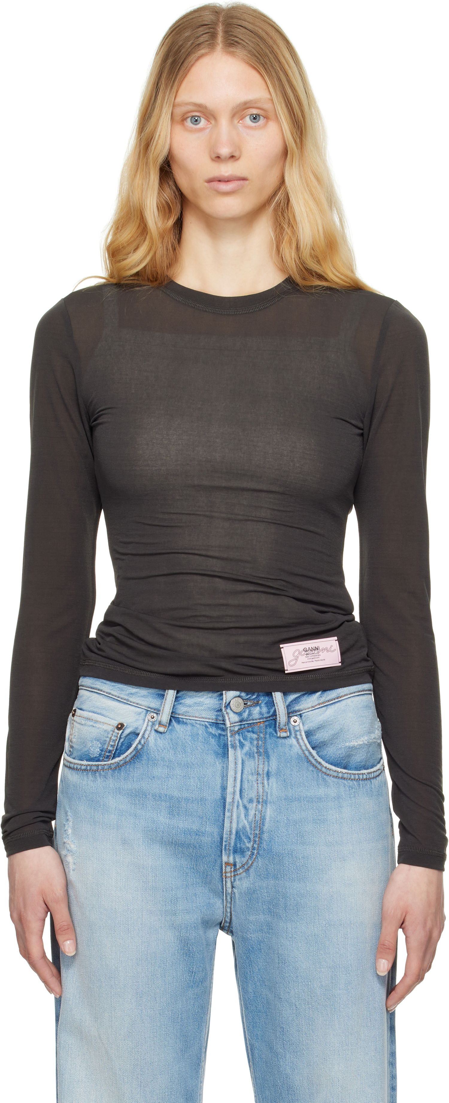 Tričko GANNI GANNI Sheer Mesh Jersey Long Sleeve T-shirt Šedá | T4242, 0