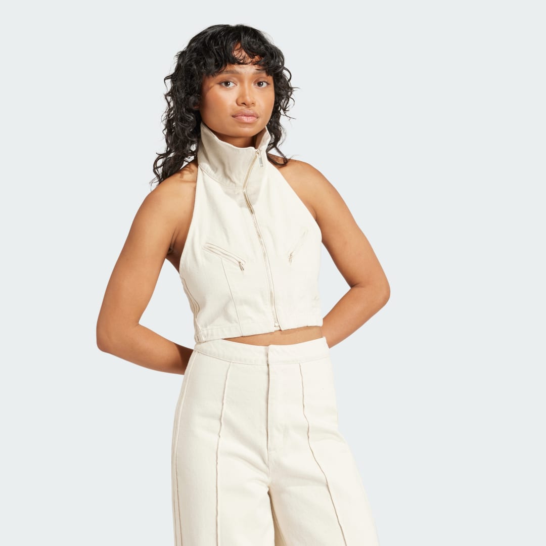 Tielko adidas Performance Denim Cropped Halter Top Béžová | IS3580, 0