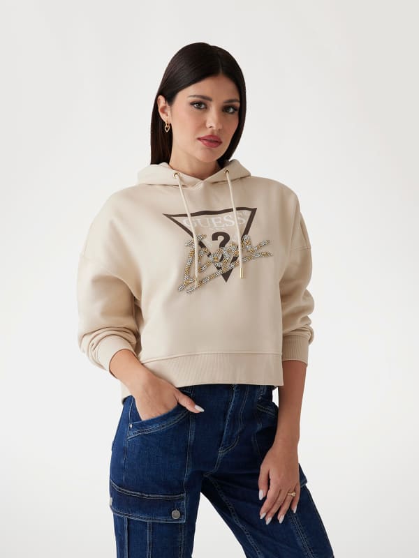 Women's Beige Cropped Hoodie with Rhinestone Logo