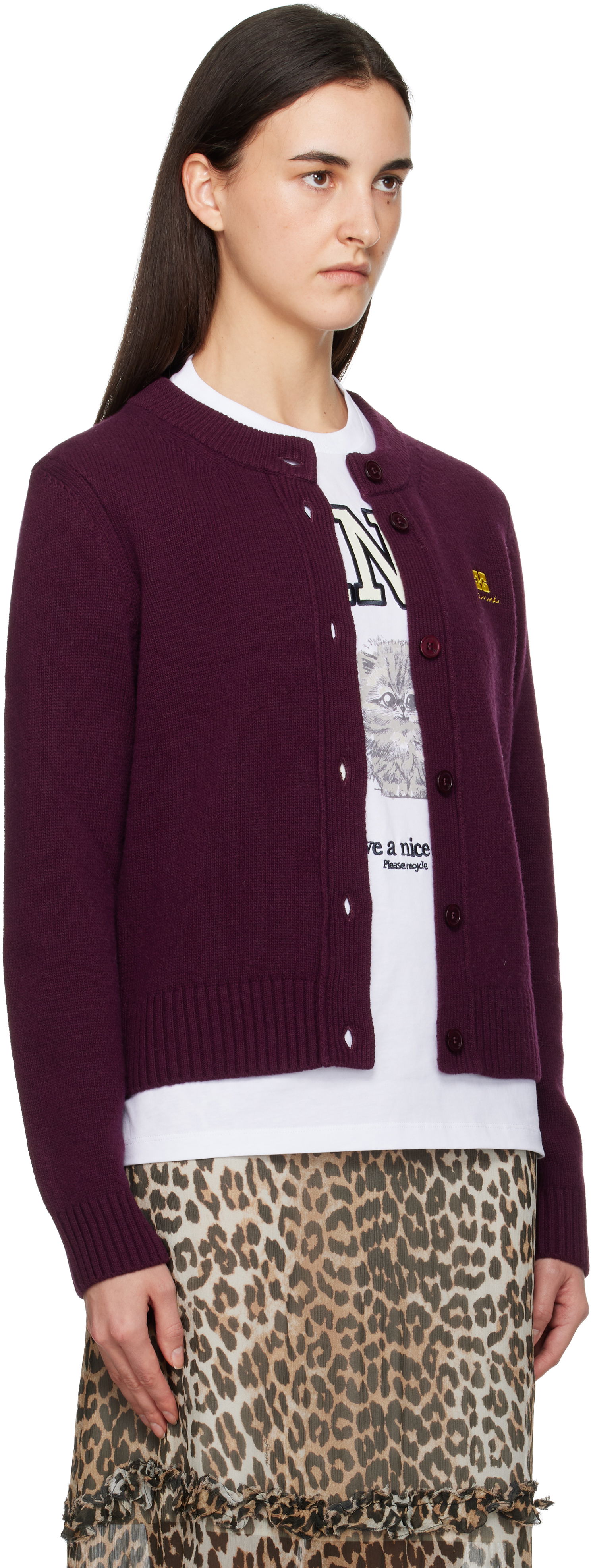 Sveter GANNI Wool Mix Ribbed Crewneck Cardigan Vínová | K2593, 1