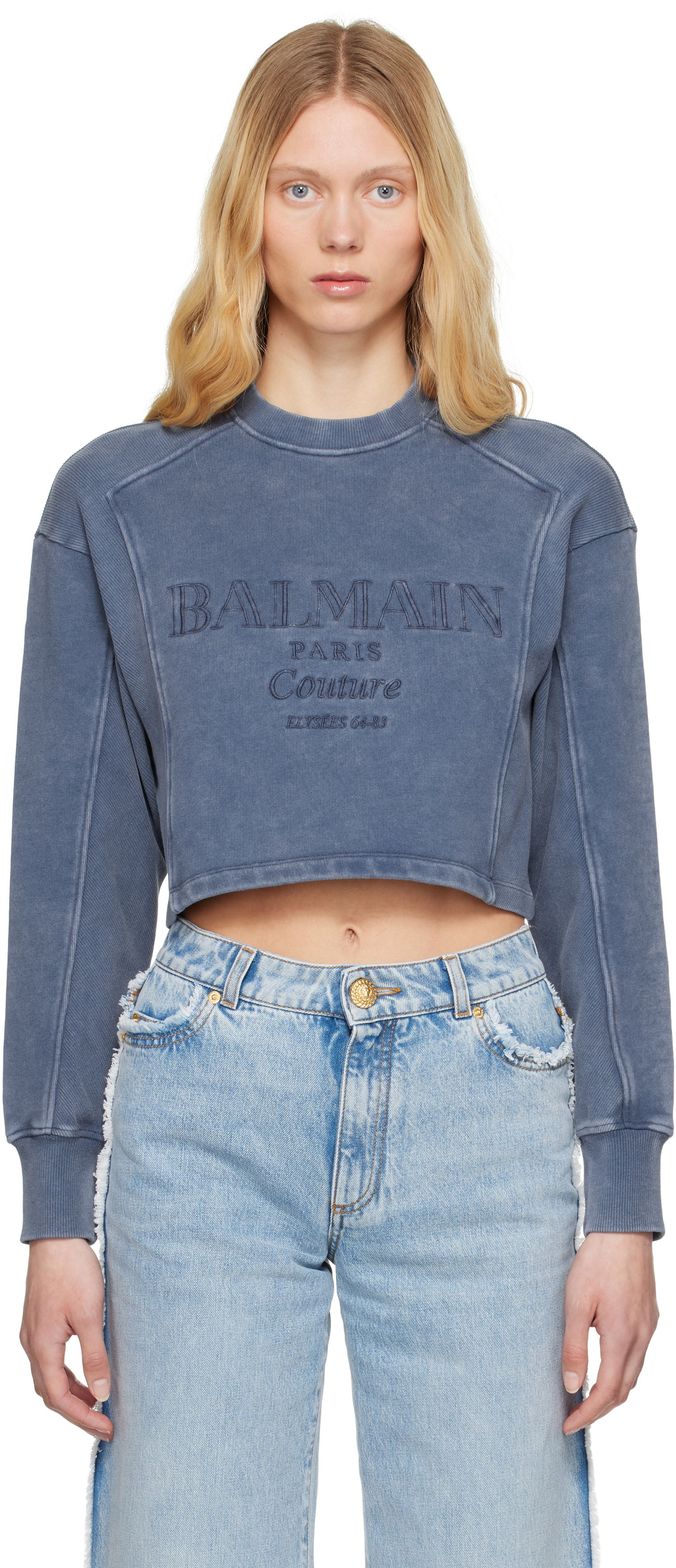 Sveter Balmain Balmain 'Couture' Cropped Embroidered Sweatshirt Modrá | EF1JO076BC96, 0