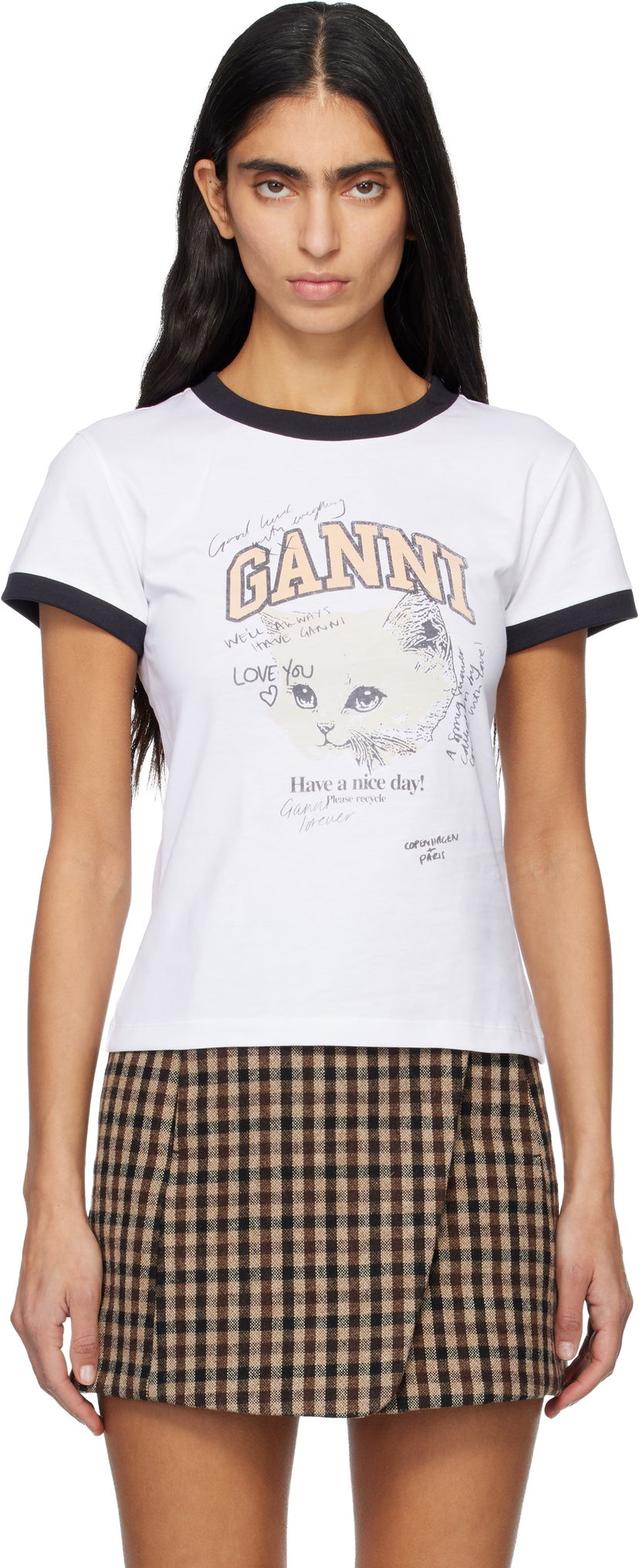 Crop Top GANNI Cropped Ringer Graphic Kitty T-shirt Biela | T4336