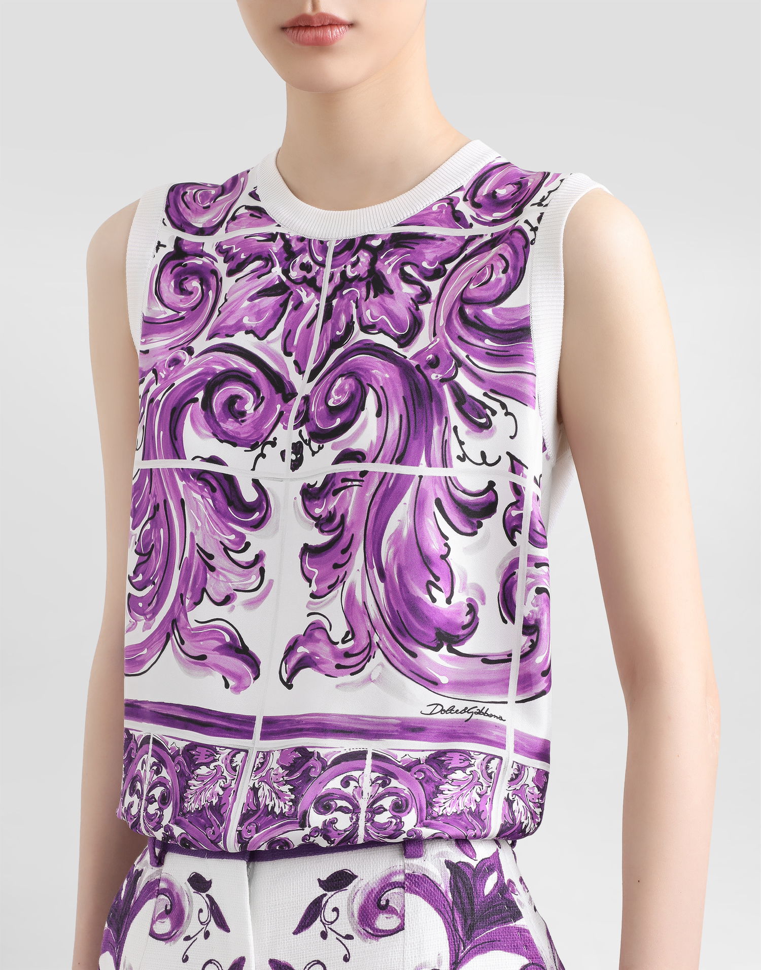 Tielko Dolce & Gabbana Dolce & Gabbana Majolica-Print Silk Tank Top Fialová | FXT06TJBSJFH25DQ, 1