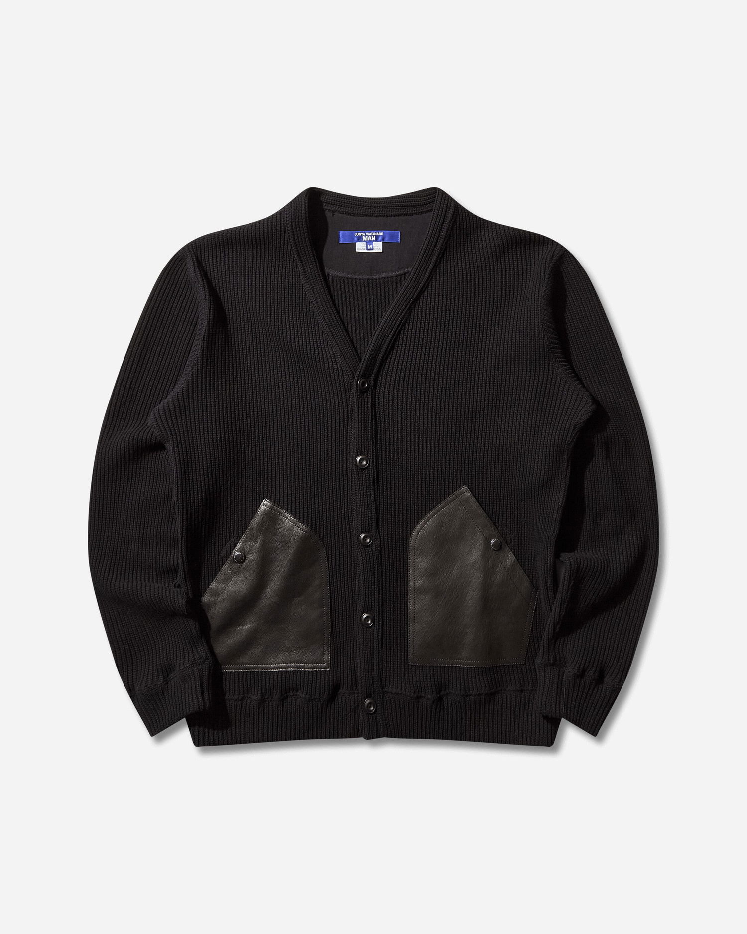 Sveter Junya Watanabe Junya Watanabe Ribbed Knit Wool Cardigan with Leather Pockets Čierna | WP-T011-W25 1, 0