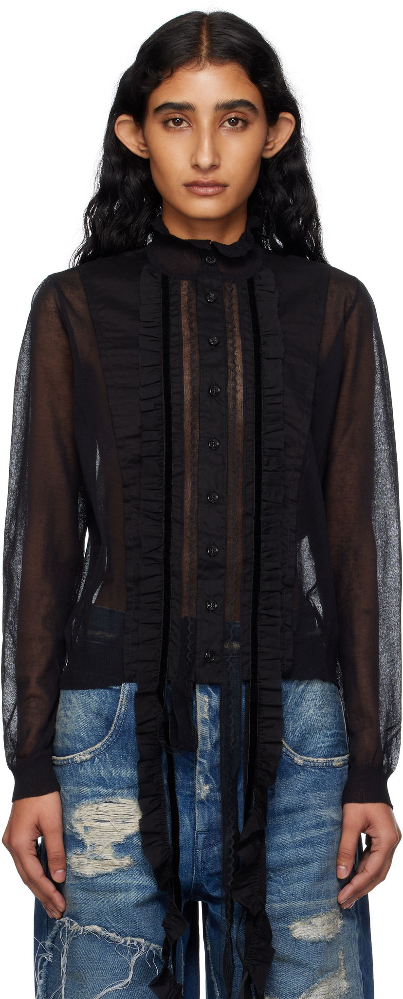 Košeľa Ann Demeulemeester Ann Demeulemeester Monya Sheer Ruffle Blouse Čierna | B0012852-KN008-099