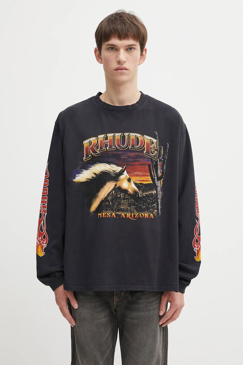 Tričko Rhude Mesa Stallion Long-Sleeved T-Shirt with Graphic Print Čierna | RHFW25TT08012