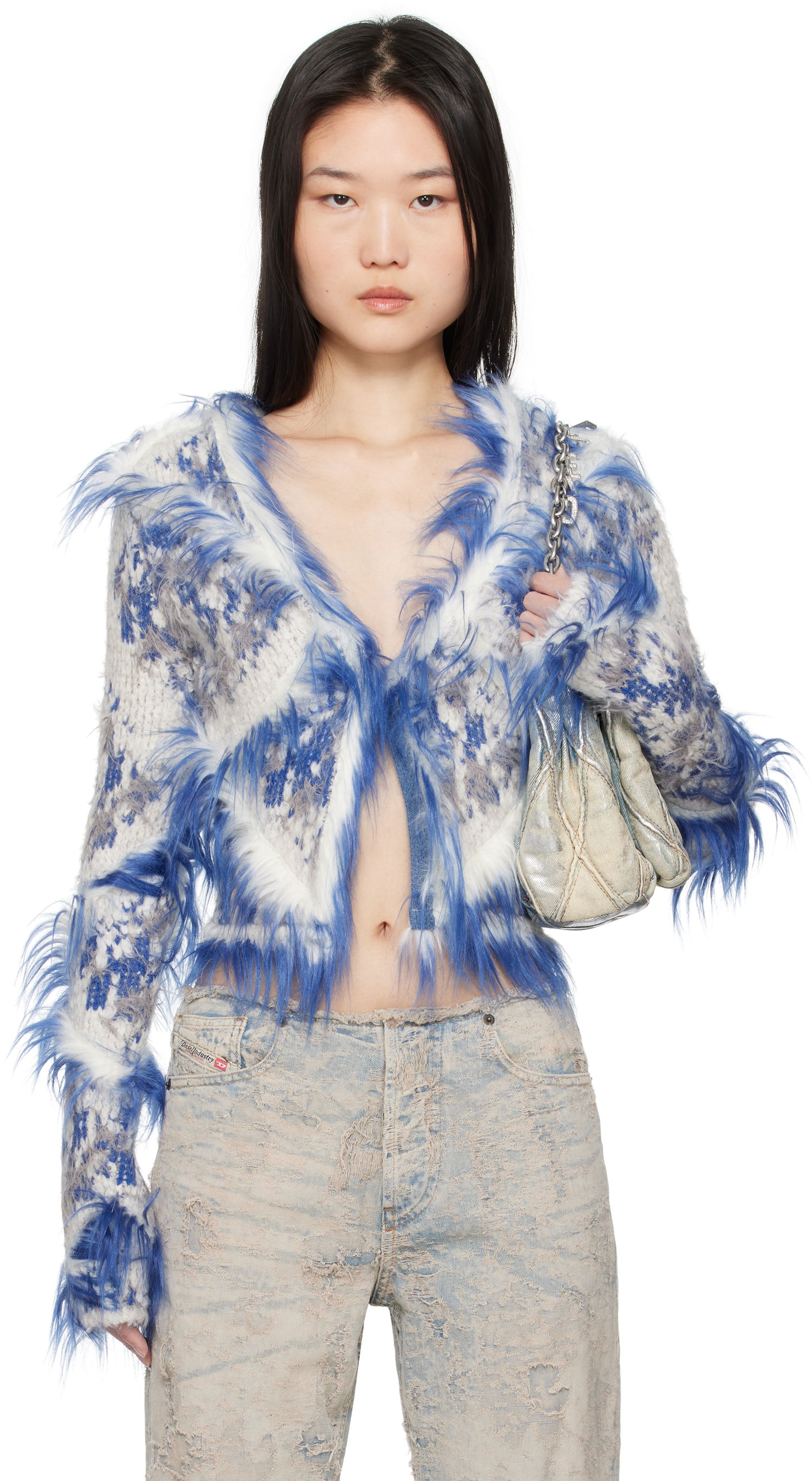 Sveter Diesel Faux Fur Trimmed Cropped Cardigan Modrá | A17256 0ABDM, 0