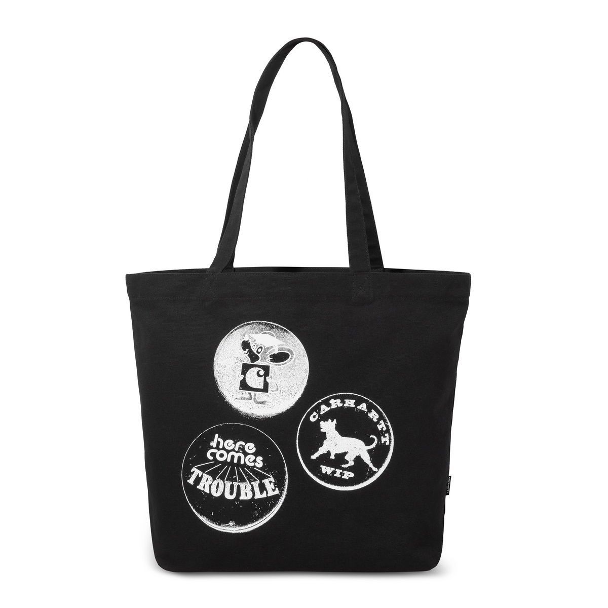 Black Canvas Tote Bag with Graphic Pins Print