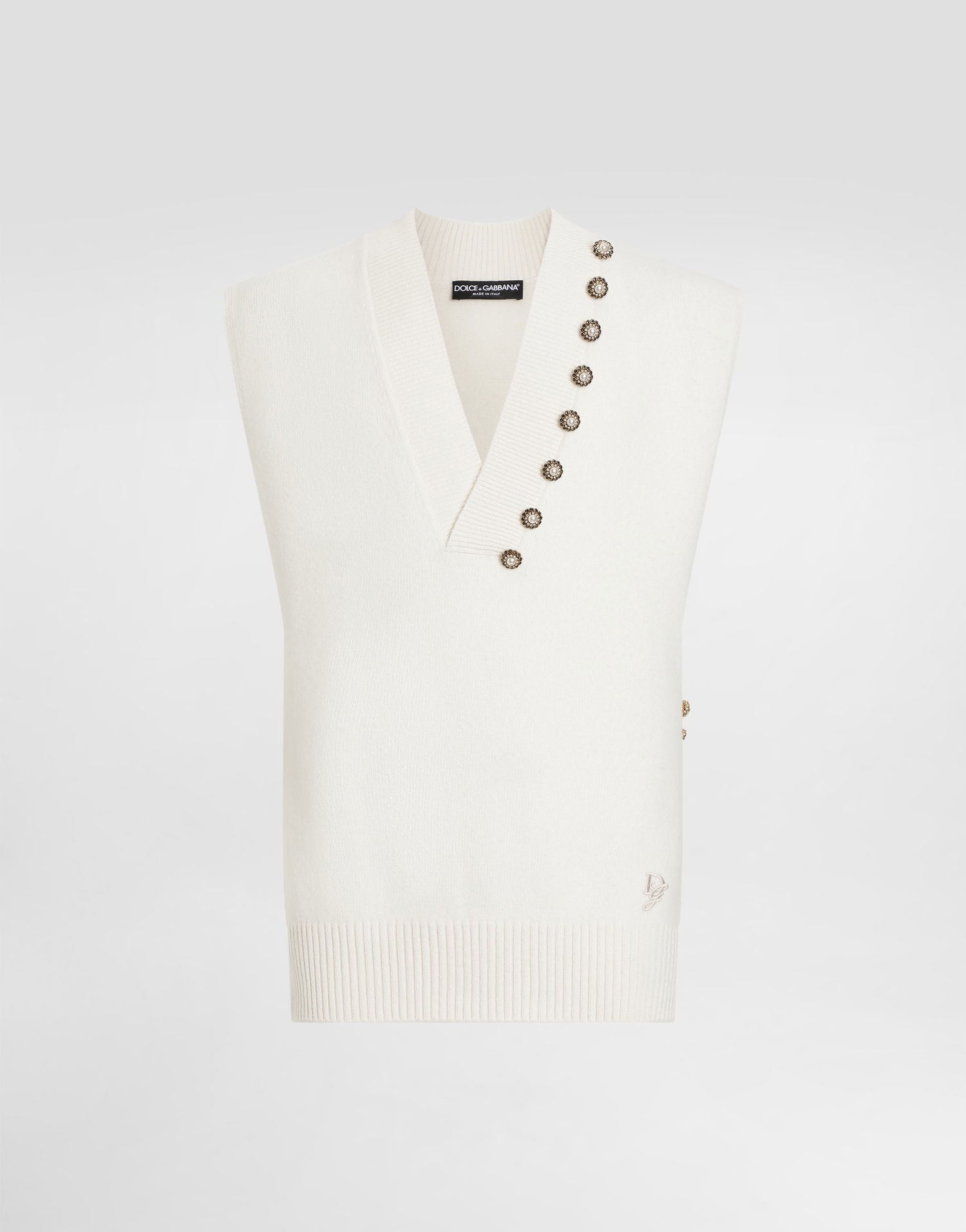 Sveter Dolce & Gabbana Wool V-Neck Vest With Embroidered Logo And Jeweled Buttons Biela | GXT29ZJCVWRW0111, 0