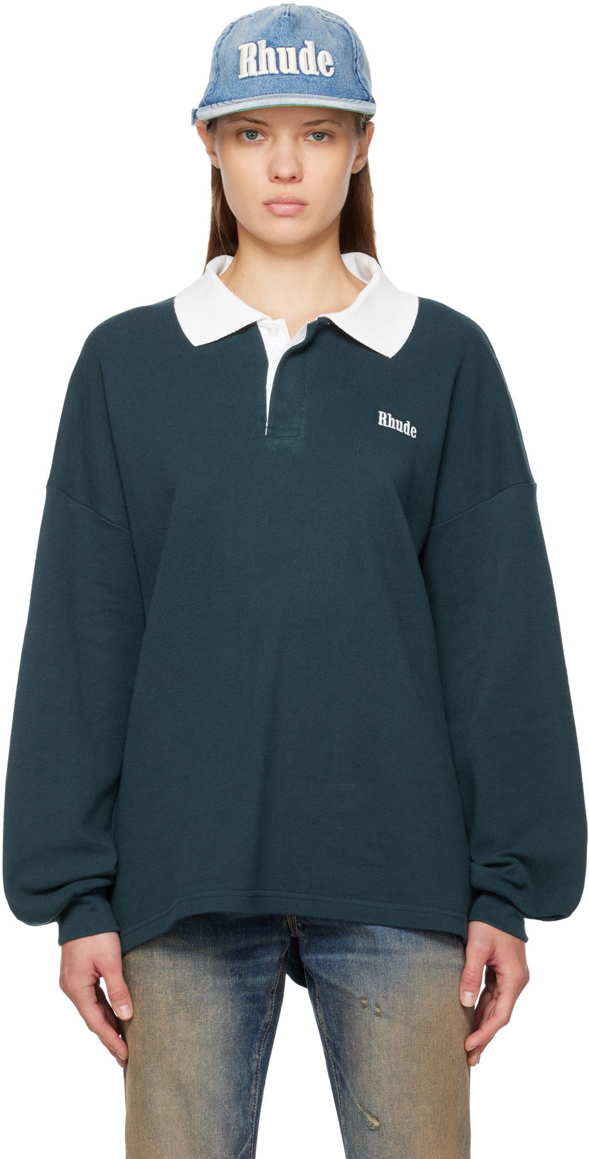 Polo tričko Rhude Oversized Long Sleeve Pique Polo Navy | RHFW25PO02012