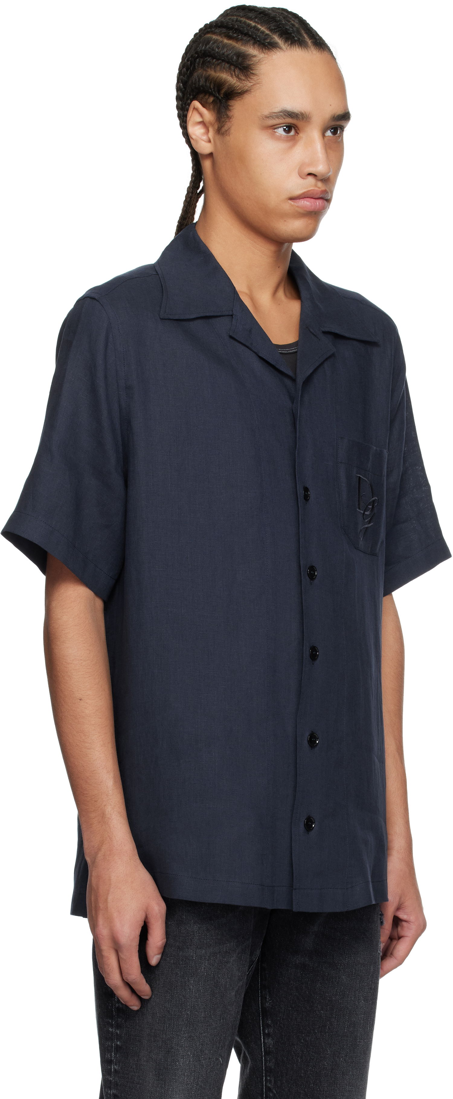 Košeľa Dolce & Gabbana Dolce&Gabbana Logo Embroidered Linen Resort Shirt Navy | G5JH9ZFU4LG, 1