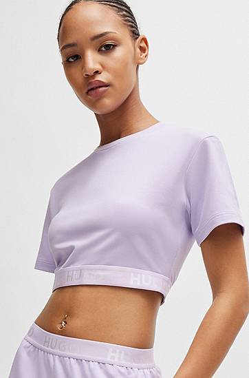 Crop Top BOSS HUGO Cotton-Blend Cropped Crew-Neck T-Shirt with Logo Waistband Fialová | 50520497, 1