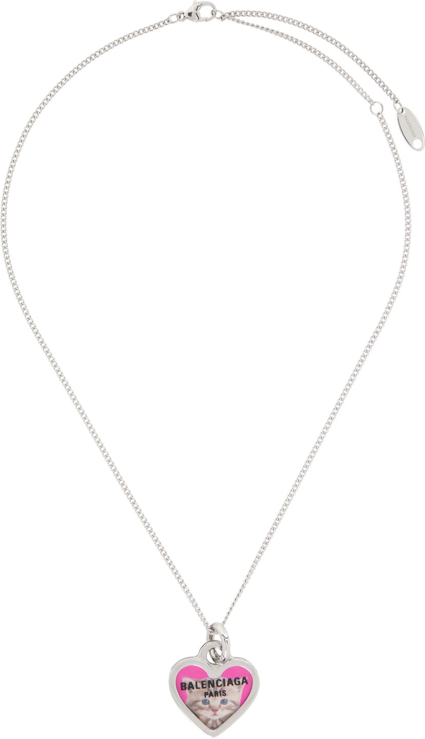 Náhrdelník Balenciaga Balenciaga Silver-Tone & Pink Cat Heart Pendant Necklace Metalická | 830591TZCPS5096