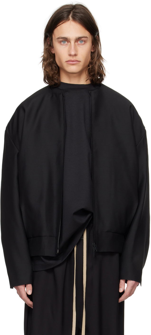 Black Collarless Bomber Jacket