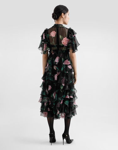 Šaty Dolce & Gabbana Dolce & Gabbana Rose Print Chiffon Calf-Length Dress with Ruffles Čierna | F6B3ITIS1XAHN5IZ, 2