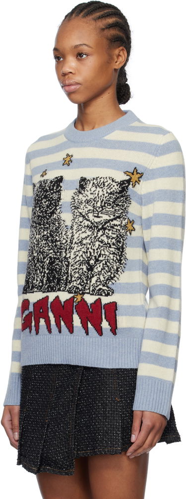 Sveter GANNI GANNI Graphic Cat Striped Sweater Modrá | K2369, 3