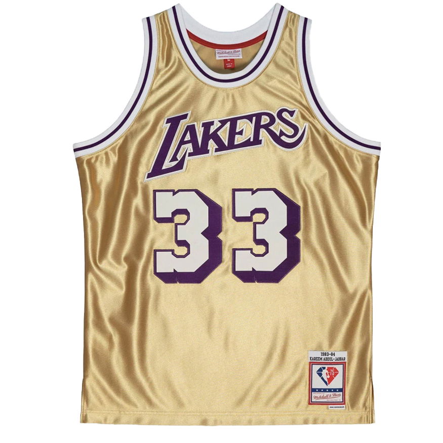Dres Mitchell & Ness Los Angeles Lakers Kareem Abdul-Jabbar 75th Gold Swingman Jersey Metalická | SMJY4398-LAL83KABGOLD, 0