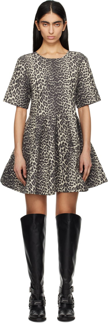 Šaty GANNI GANNI Leopard Cotton Tweed Mini Dress Béžová | W0362, 0