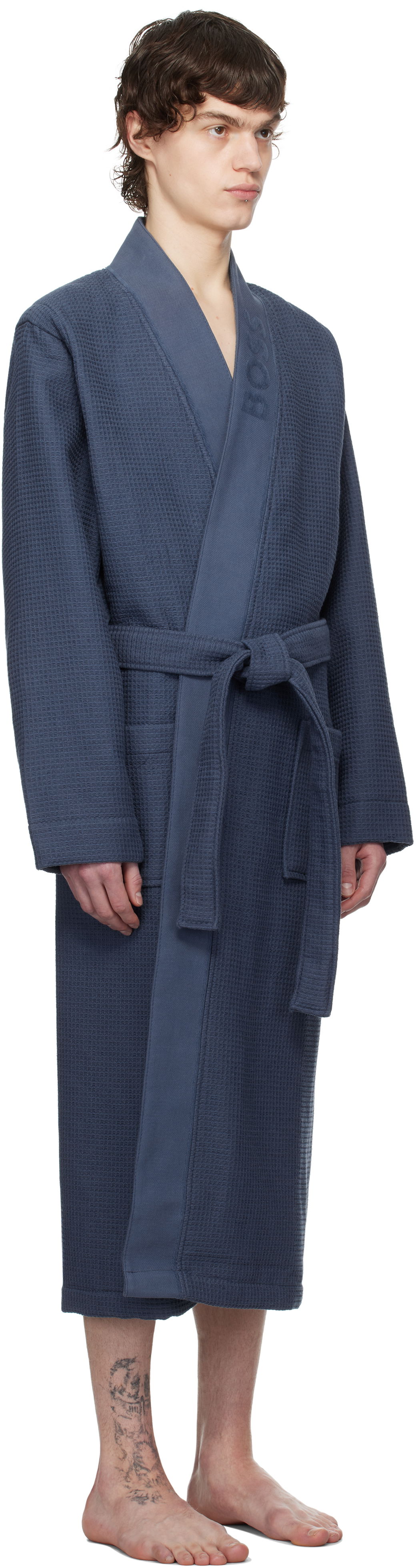 Pyžamo BOSS BOSS Waffle-Structure Dressing Robe Modrá | 50469787, 1
