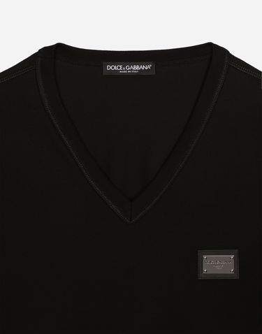 Tričko Dolce & Gabbana Cotton V-neck T-shirt With Branded Tag Čierna | G8PT2TG7F2IN0000, 2