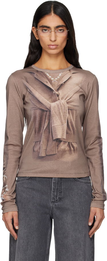 Tričko Marine Serre Trompe-L'Oeil Cardigan Print Knit Jersey Long Sleeve T-Shirt Béžová | WTT032ACJER0091, 0