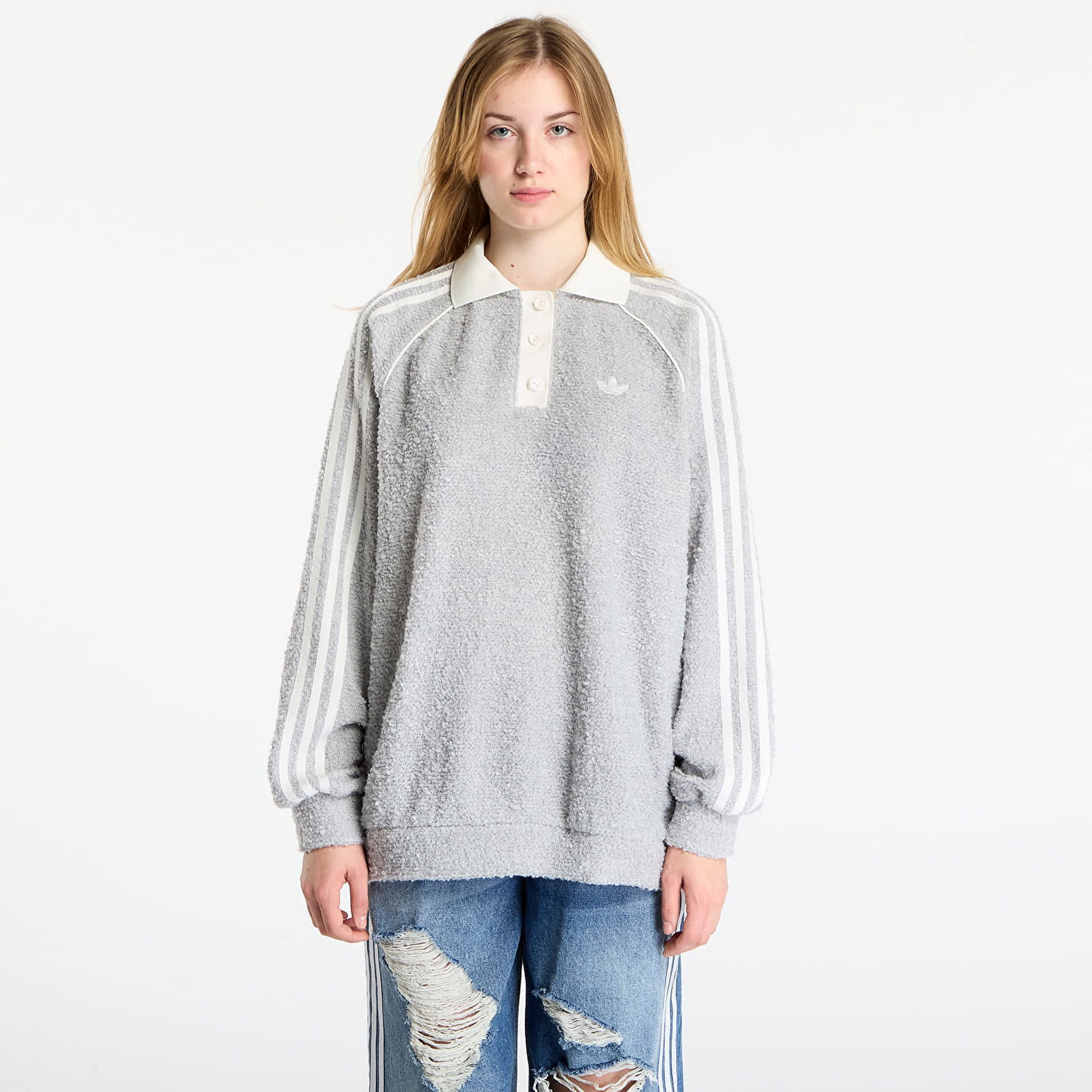 Mikina adidas Originals Terry Polo Crew Sweatshirt with Three Stripes Šedá | KS7791, 0