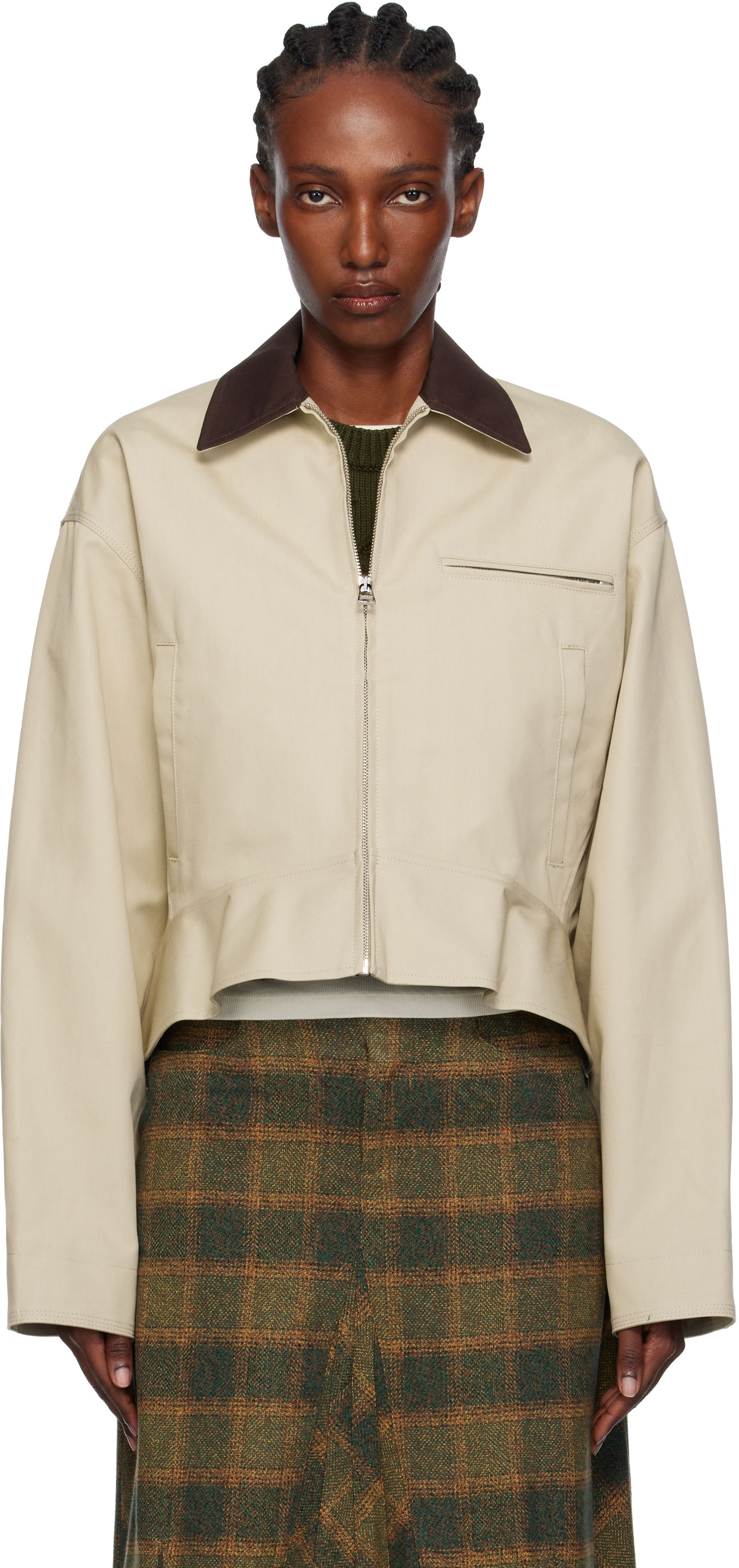 Bunda JW Anderson JW Anderson Cropped Contrast Collar Curved Hem Workwear Jacket Béžová | JK0399-PG1802, 0