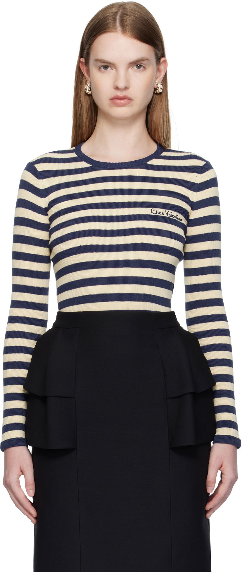 Tričko Valentino Valentino Striped Cotton T-Shirt Béžová | 7B3KC66N9JD