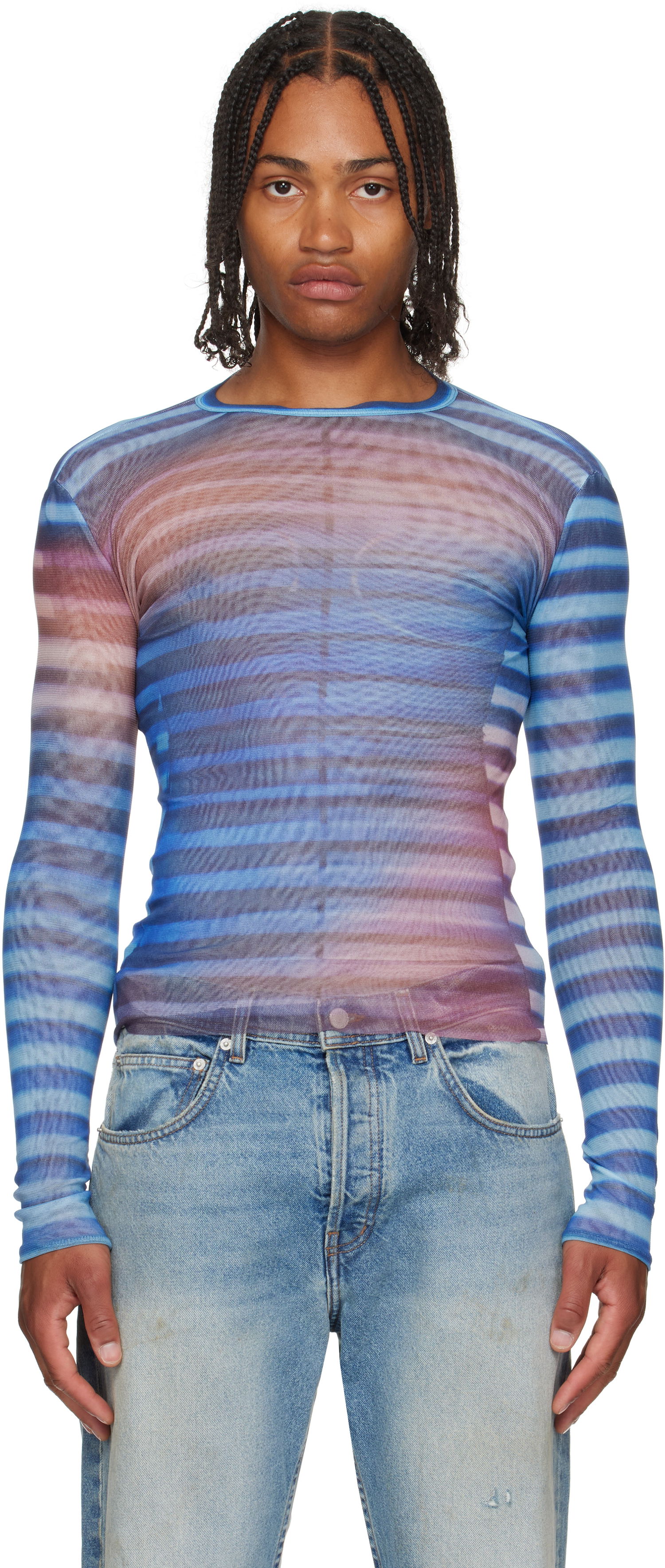 Tričko Jean Paul Gaultier Jean Paul Gaultier 'The Air' Striped Mesh Long Sleeve Modrá | 25/03-W-TO336-M005P-565034, 0