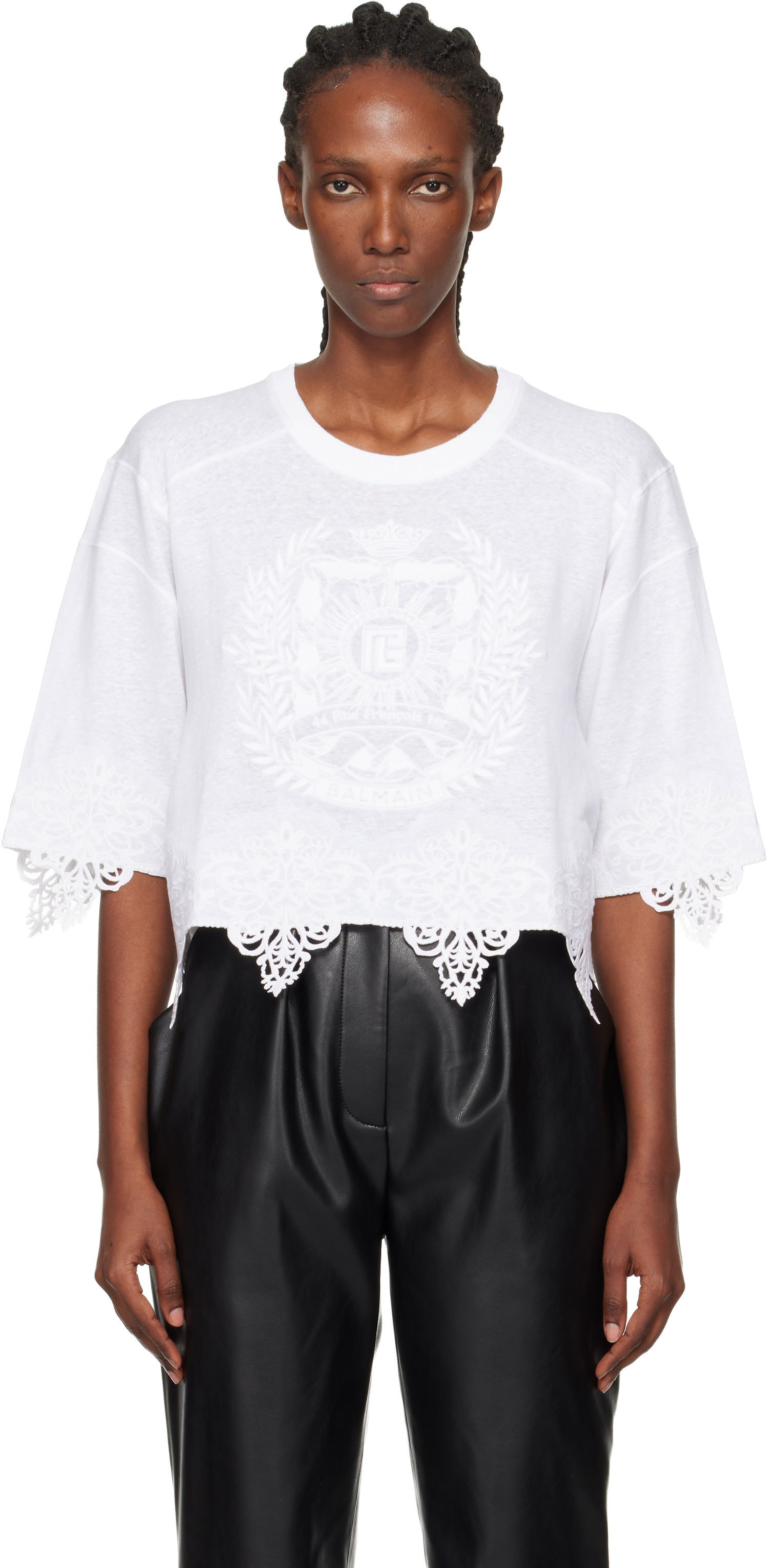 Crop Top Balmain Emblem Baseball Lace Trim Cropped T-Shirt Biela | FF1EE130BD05, 0