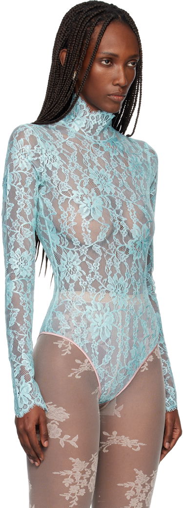 Body Valentino Sheer High-Neck Long-Sleeve Floral Lace Bodysuit Tyrkysová | 7B0MR01Z9TS, 1