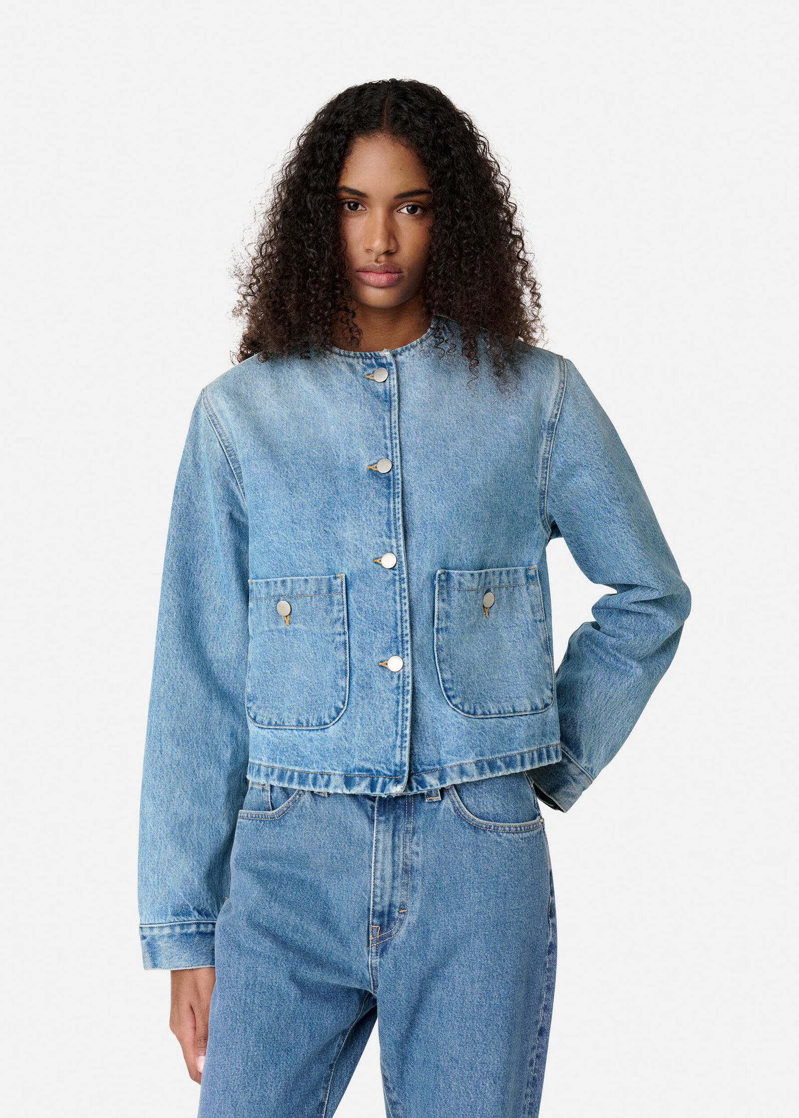 Collarless Denim Jacket