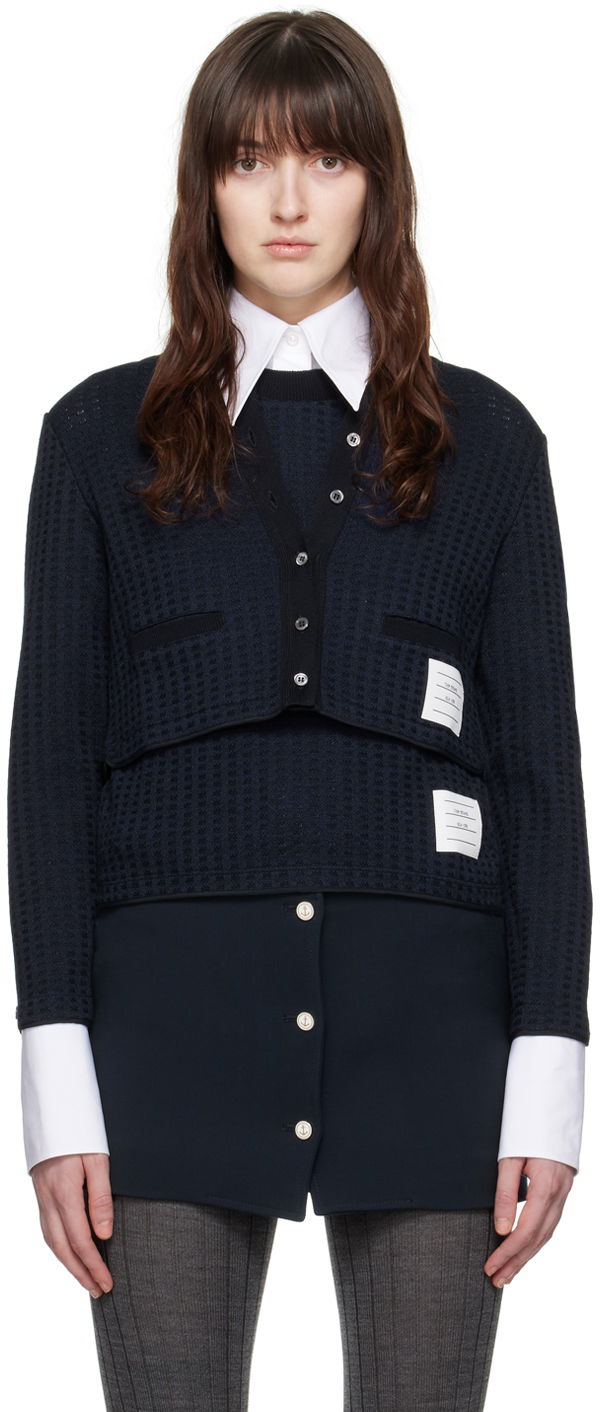 Sveter Thom Browne Checkered Jacquard Cropped Cardigan Navy | FJT323A-J0133, 0