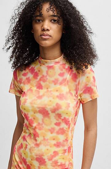 Šaty BOSS Floral-Print Mesh Midi Dress with Ruched Side Žltá | 50537179, 1