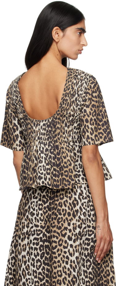 Tričko GANNI GANNI Smocked Leopard Print Blouse Béžová | W0205, 2