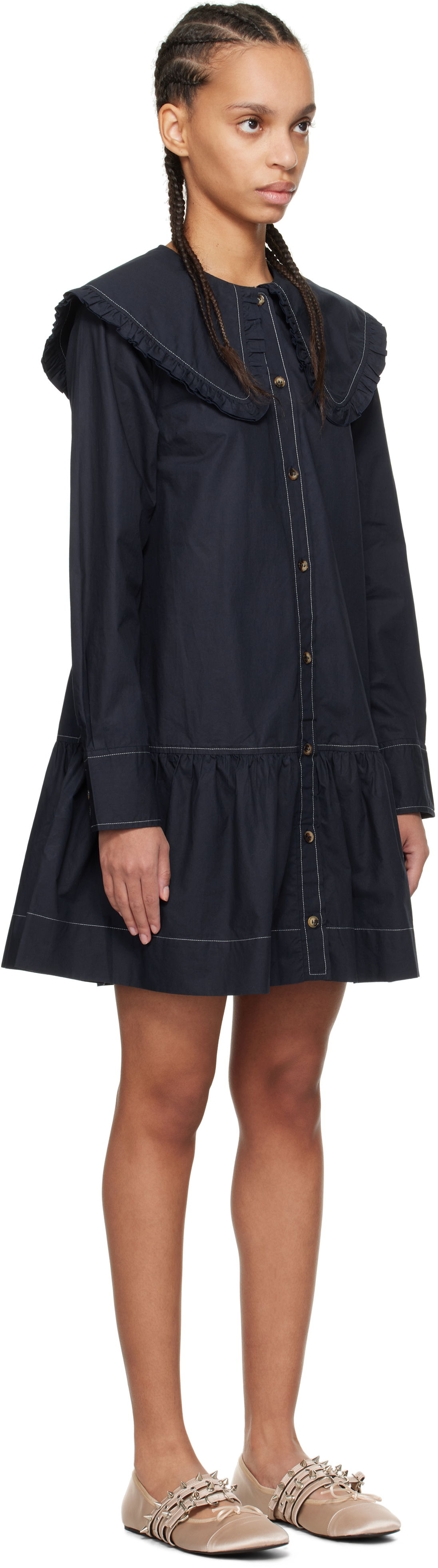 Šaty GANNI Ganni Ruffle Collar Drop Waist Minidress Navy | W0157, 1