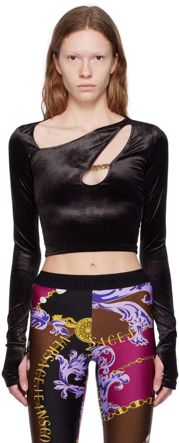 Crop Top Versace Jeans Couture Cutout Long Sleeve T-Shirt Čierna | E75HAH605_EN0225, 0