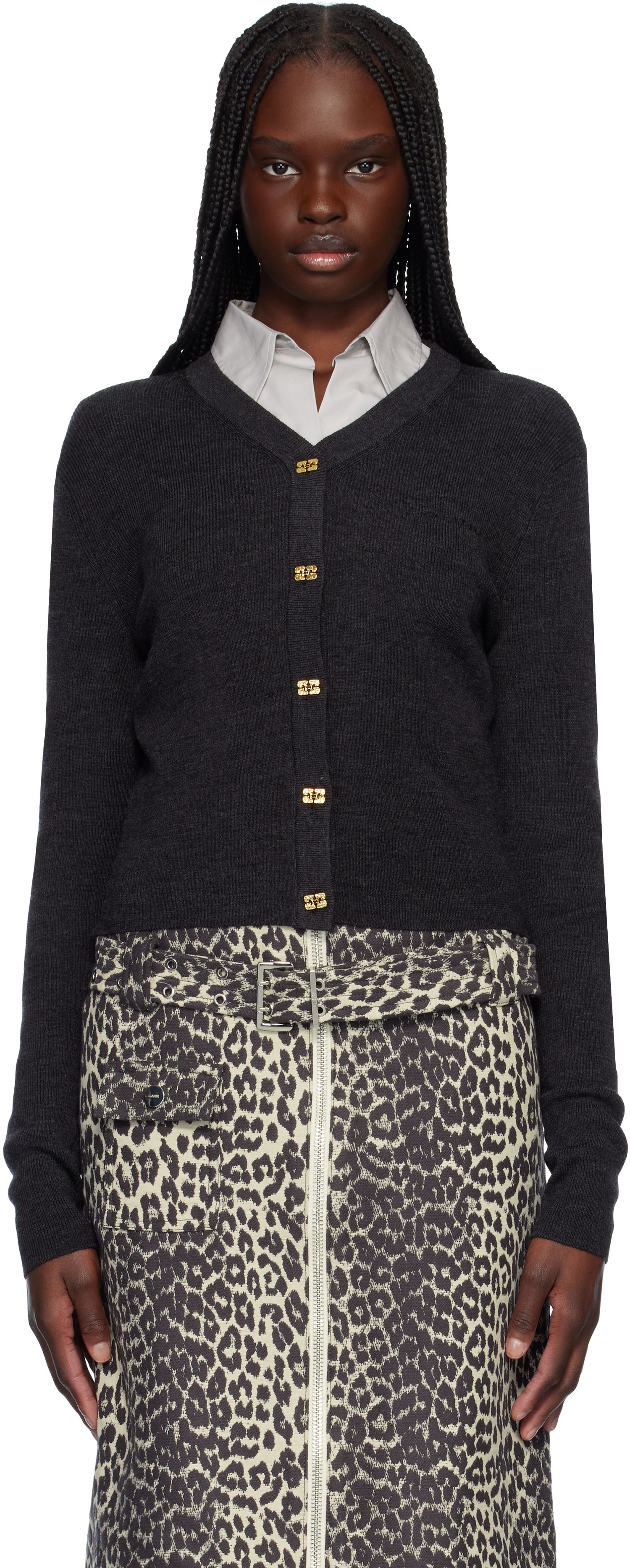 Sveter GANNI Ganni Mini Ribbed Merino Cardigan Šedá | K2474, 0