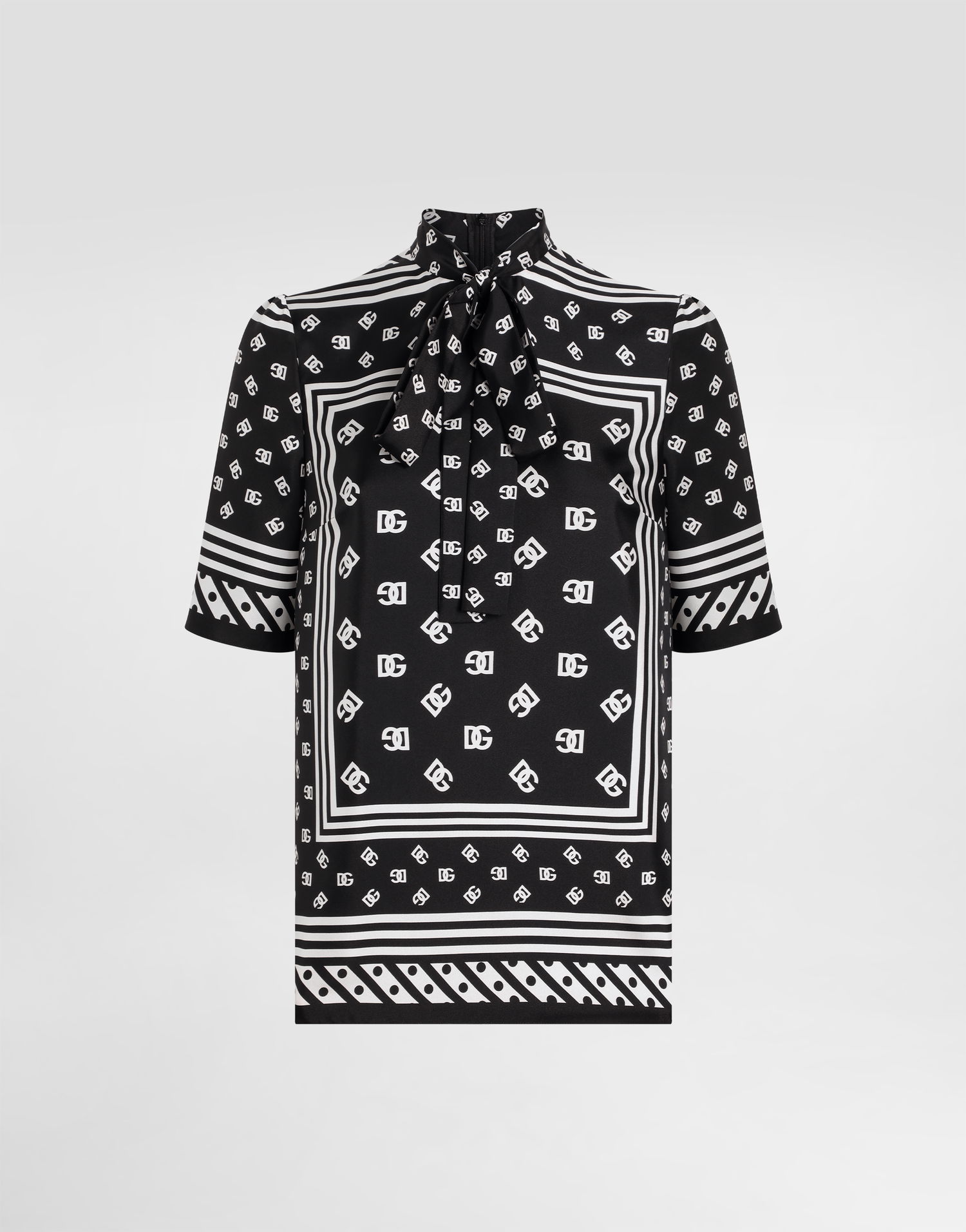 Košeľa Dolce & Gabbana Dolce & Gabbana Short-Sleeved Silk Blouse with Pussy-Bow and DG Logo Print Čierna | F7AO0TGDCVJN0000, 0