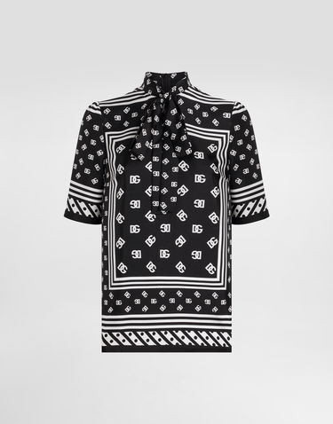 Košeľa Dolce & Gabbana Dolce & Gabbana Short-Sleeved Silk Blouse with Pussy-Bow and DG Logo Print Čierna | F7AO0TGDCVJN0000, 0