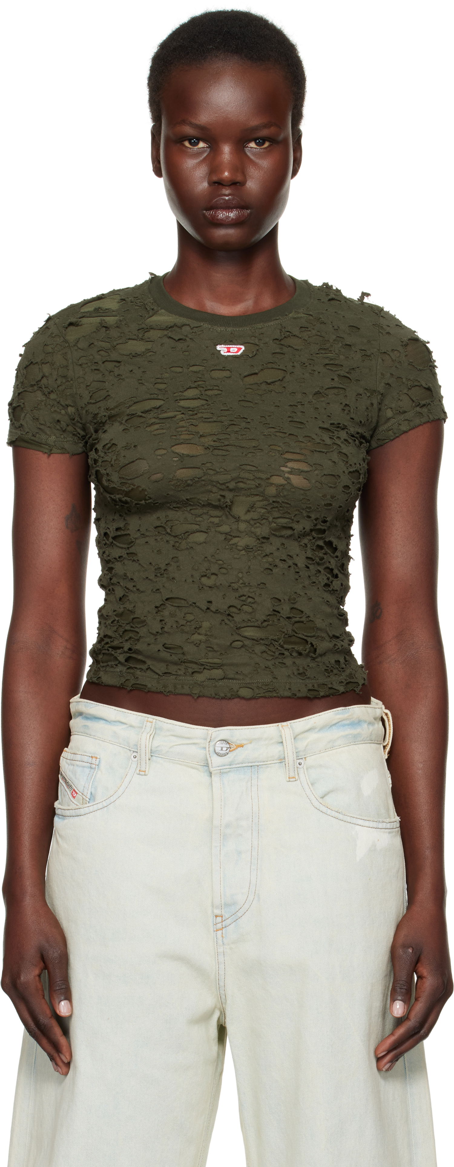 Crop Top Diesel Distressed Crop T-Shirt Zelené | A14871 0JHAN, 0