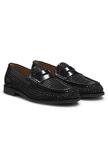 Tenisky a topánky BOSS Leather Loafers with Rhinestones and Satin Čierna | 50552792